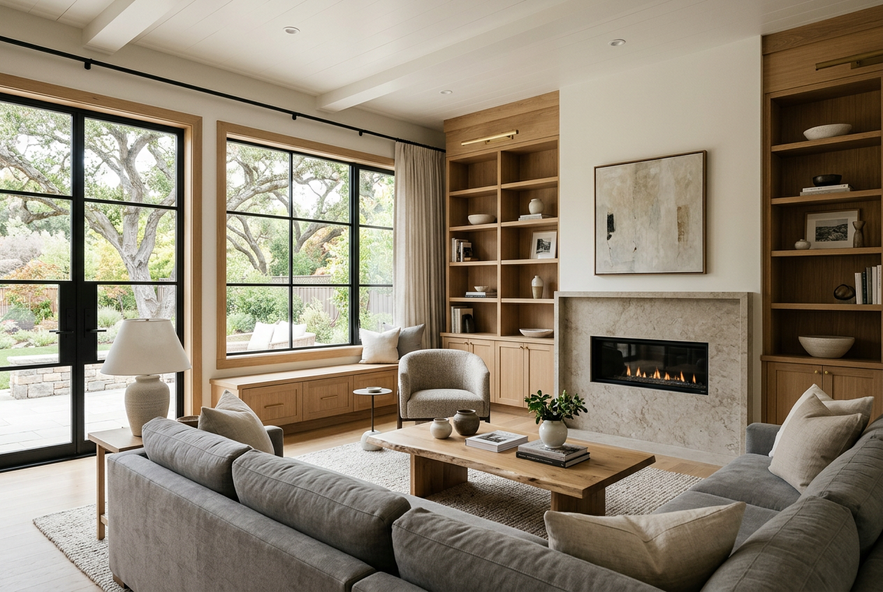 Luxury remodeled living room with custom built-ins