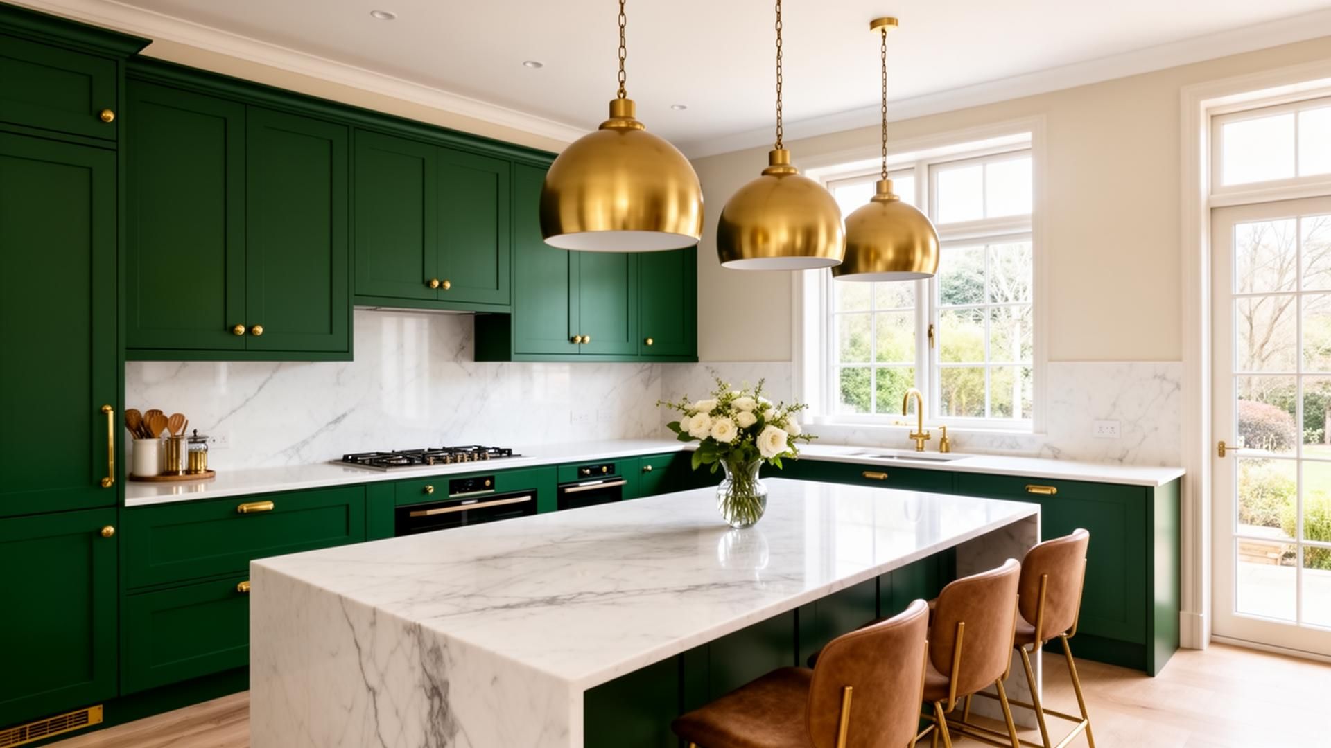 Luxury green kitchen with marble island